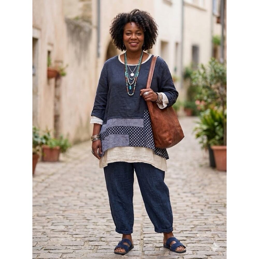 NWT Plus Size Italian Linen Patchwork Polka Dot Tunic Top Navy XXL